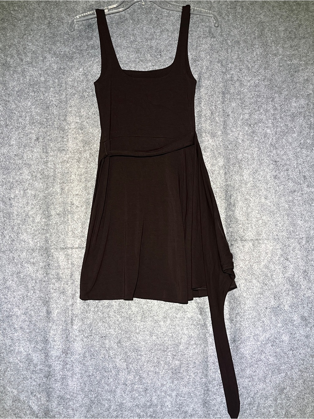 WILFRED Aritzia Dark Brown Faux Wrap Square Neck Stretch Mini Dress Size XS - Picture 9 of 13